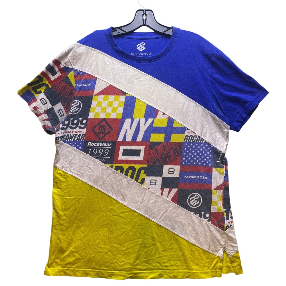 Vintage Rocawear Shirt Mens‎ Large Color Block Wrap Around Short Sleeve AOP